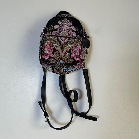 Shellys London Handbags - EUC Shellys London Mini Backpack Tapestry Floral Size Mini Black Multi Woven